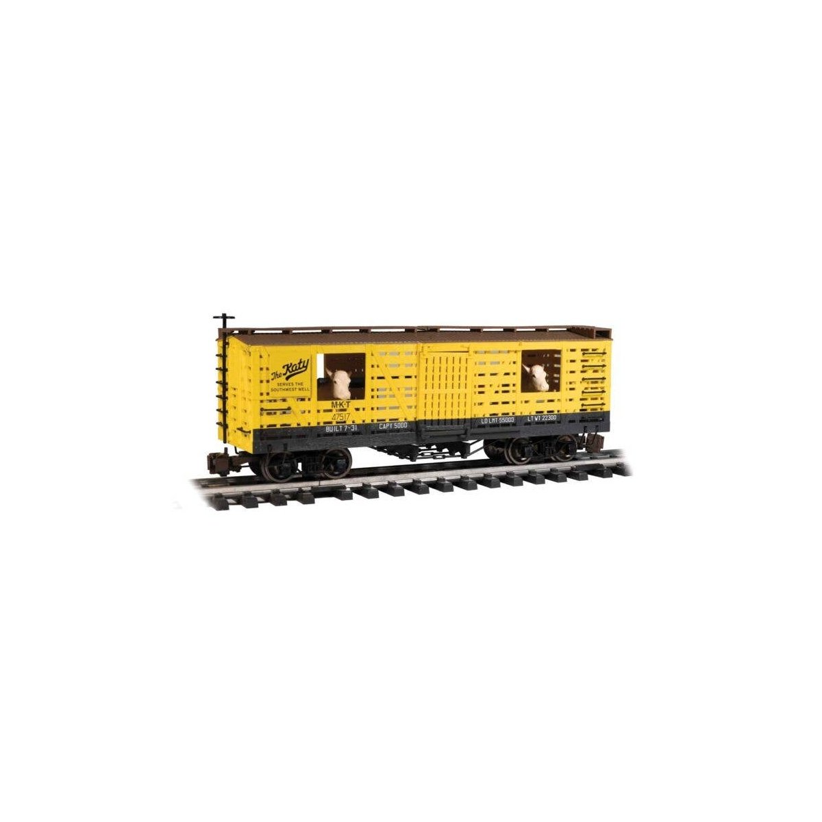 Animated Stock Car with Cattle - Ready to Run -- Missouri-Kansas-Texas (yellow, black), G, Bachmann Industries 98708