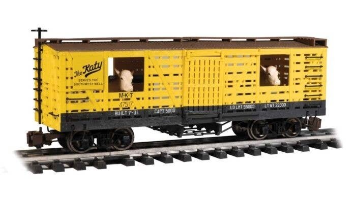Animated Stock Car with Cattle - Ready to Run -- Missouri-Kansas-Texas (yellow, black), G, Bachmann Industries 98708