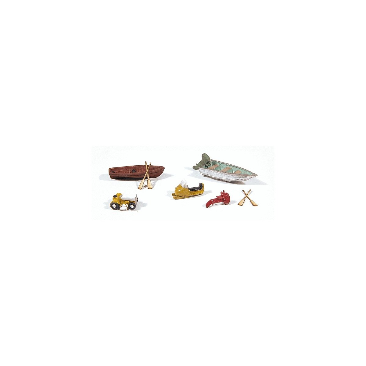 Recreational Detail Set -- 2 Boats w/Outboard Motors, 4 Oars, 1 Riding Lawnmower, 1 Snowmobile, N, Railway Express Miniatures 21