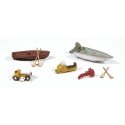 Recreational Detail Set -- 2 Boats w/Outboard Motors, 4 Oars, 1 Riding Lawnmower, 1 Snowmobile, N, Railway Express Miniatures 21