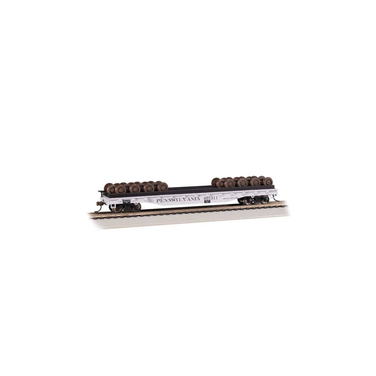 52′ Wheel Flatcar with Load - Ready to Run -- Pennsylvania Railroad 491311 (gray, black), HO, Bachmann Industries 18939