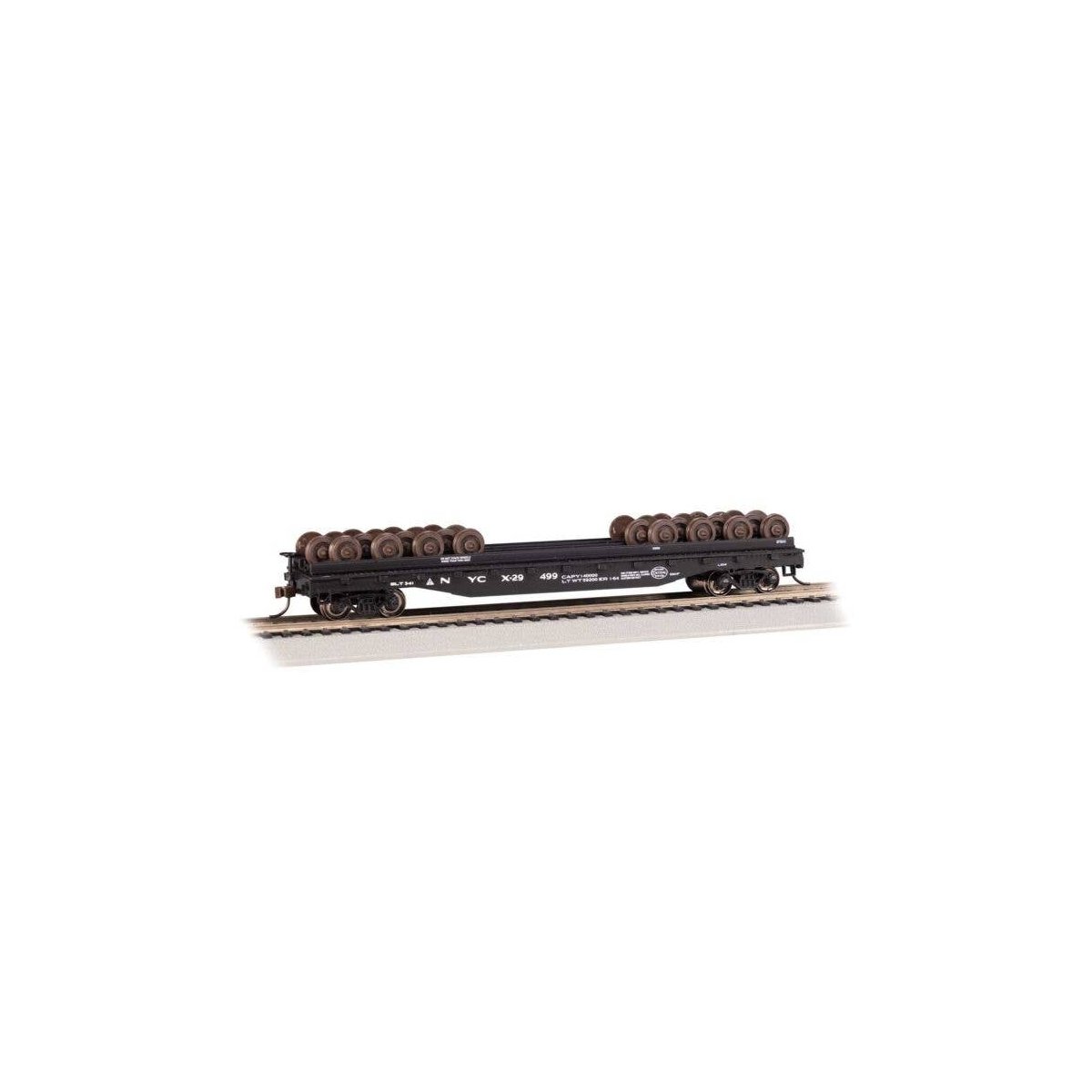 52′ Wheel Flatcar with Load - Ready to Run -- New York Central X-29499 (black), HO, Bachmann Industries 18936