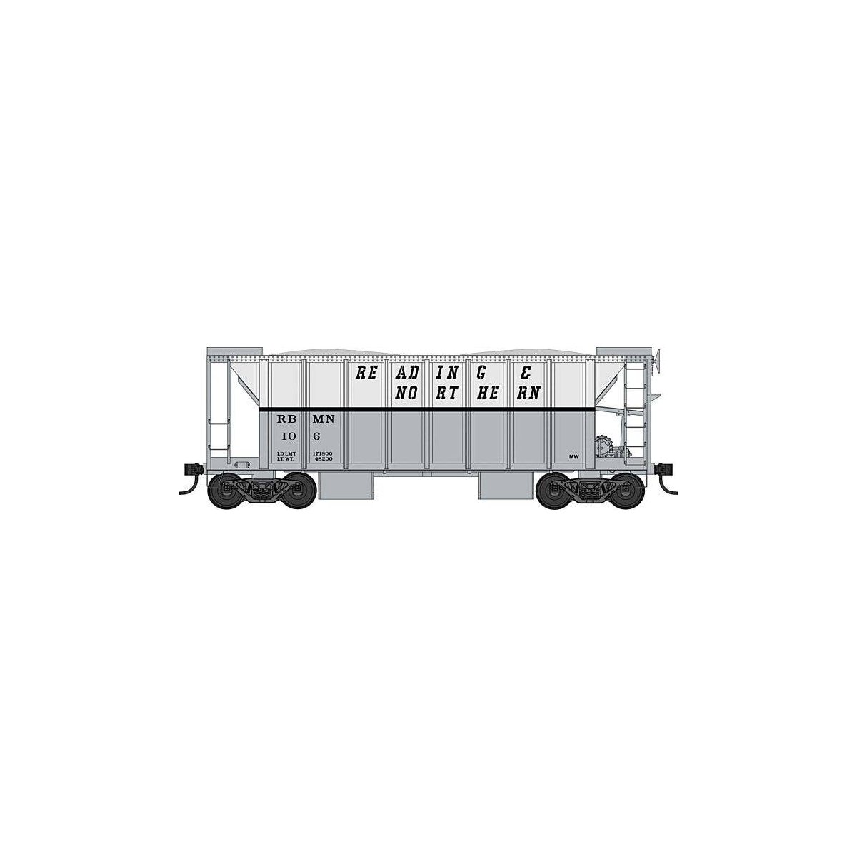 70-Ton 2-Bay Ballast Hopper with Side Chutes (Ballast Gates) - Ready to Run -- Reading , HO, Bowser Manufacturing Co. 43682