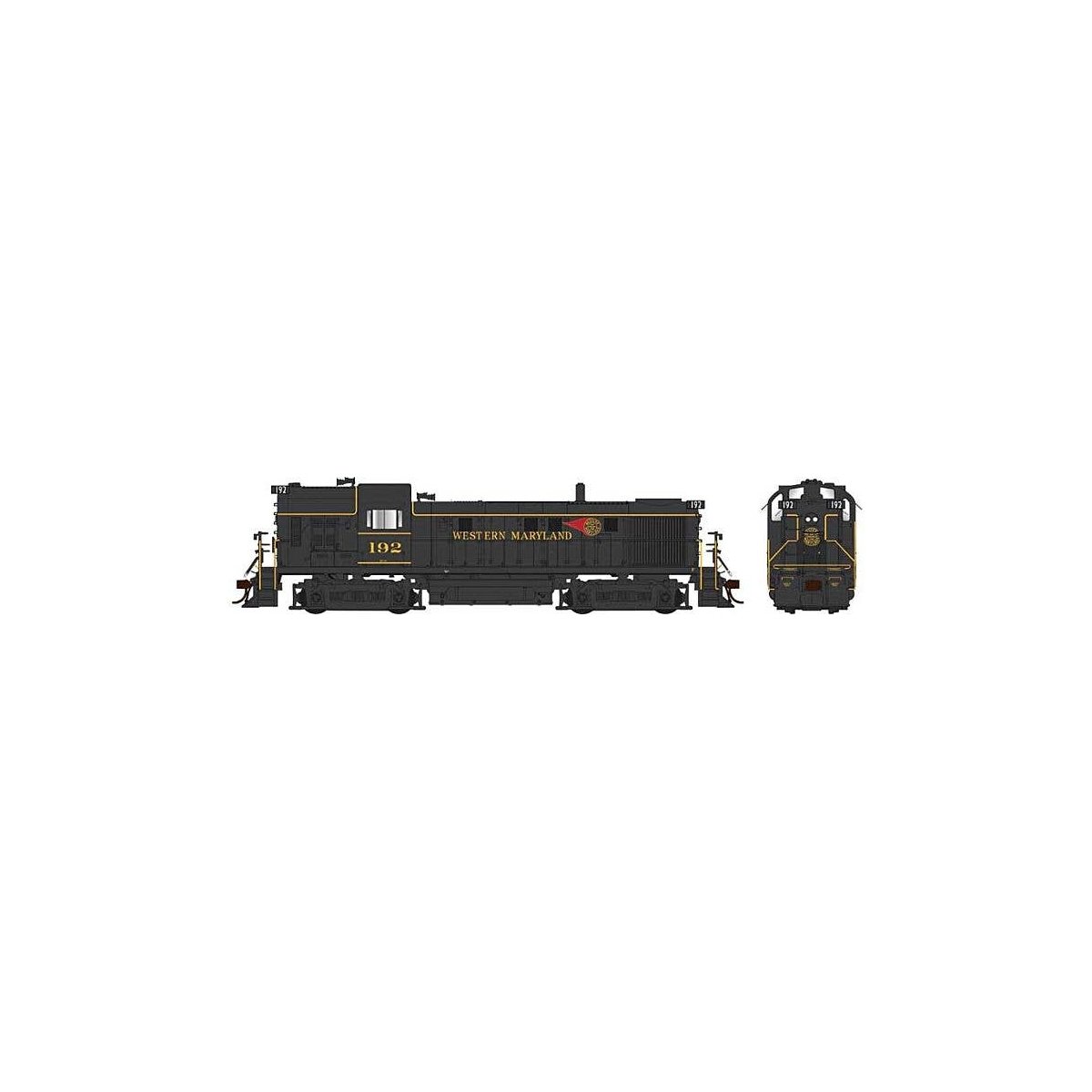 Alco RS3 Hammerhead High Hood - Standard DC -- Western Maryland 193 (black, yellow, Fir, HO, Bowser Manufacturing Co. 25406
