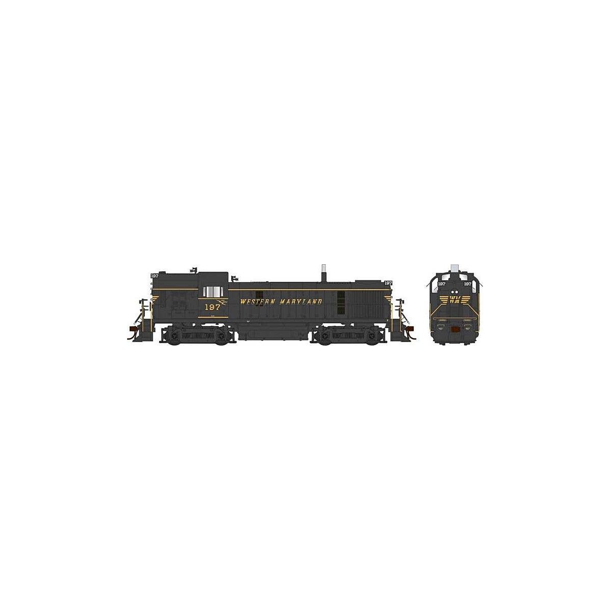 Alco RS3 Hammerhead High Hood - Standard DC -- Western Maryland 197 (black, yellow, Spe, HO, Bowser Manufacturing Co. 25460