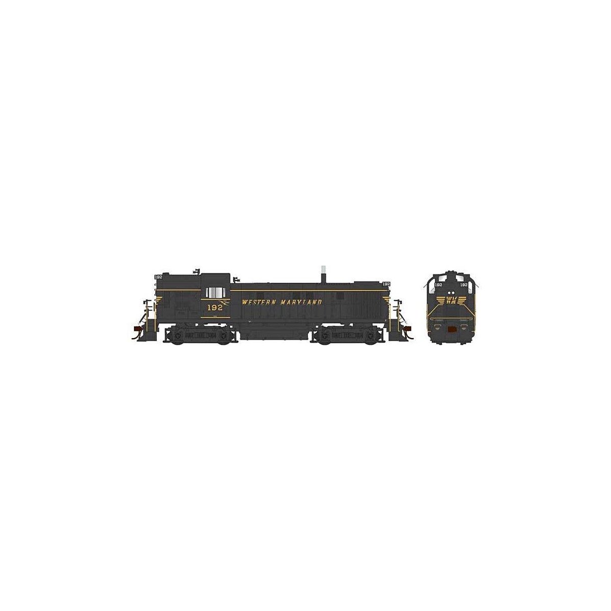Alco RS3 Hammerhead High Hood - Standard DC -- Western Maryland 192 (black, yellow, Spe, HO, Bowser Manufacturing Co. 25457