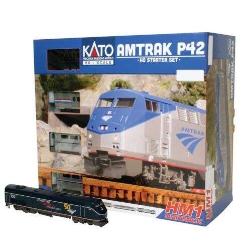Amtrak P42 Superliner Starter Set - Standard DC -- Amtrak 100 (50th Blue), Viewliner Baggage, 2 Su, HO, Kato USA Inc 303002