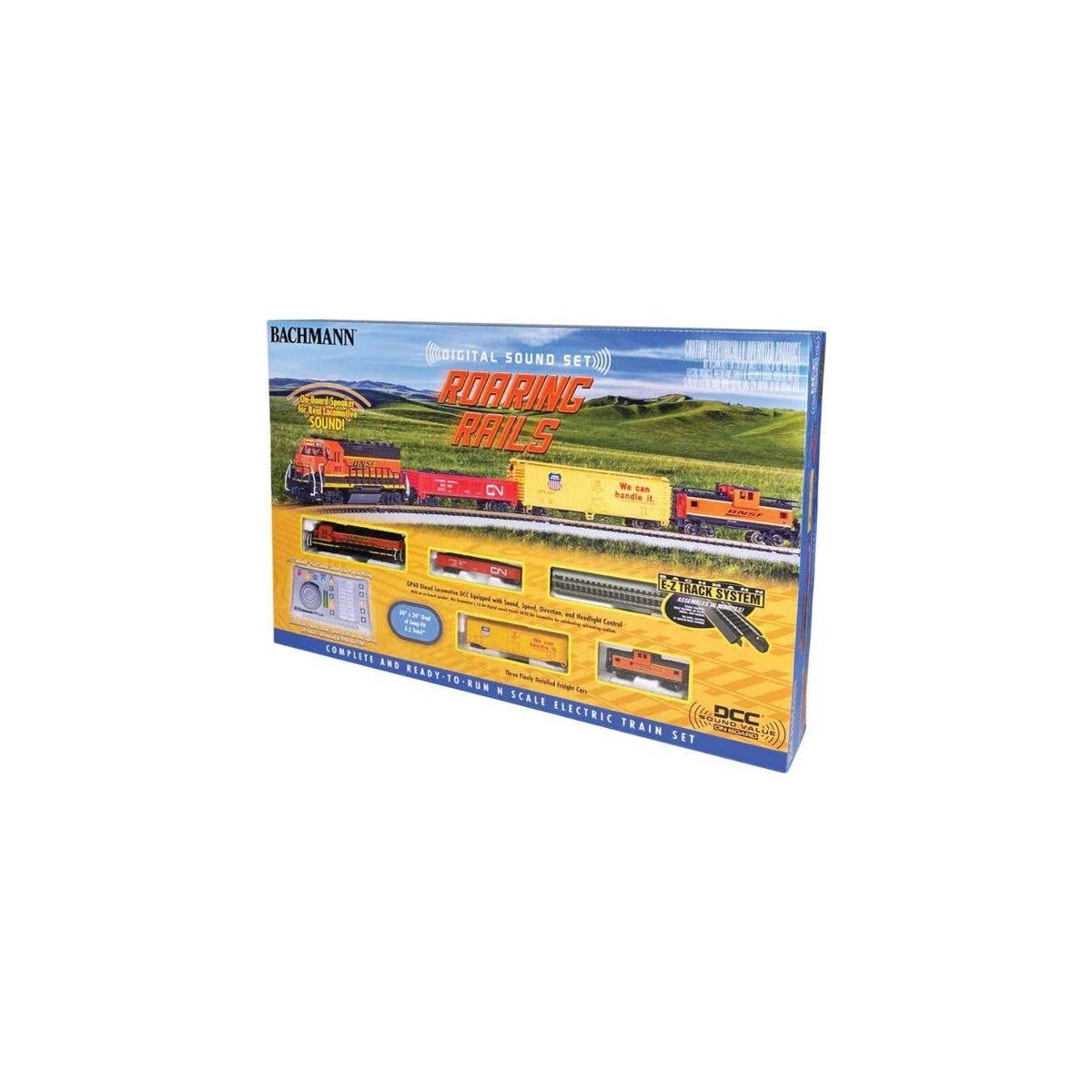 Roaring Rails Diesel Train Set - Sound and DCC -- BNSF Railway GP40, 3 Cars E-Z Track Oval, C, N, Bachmann Industries 24132