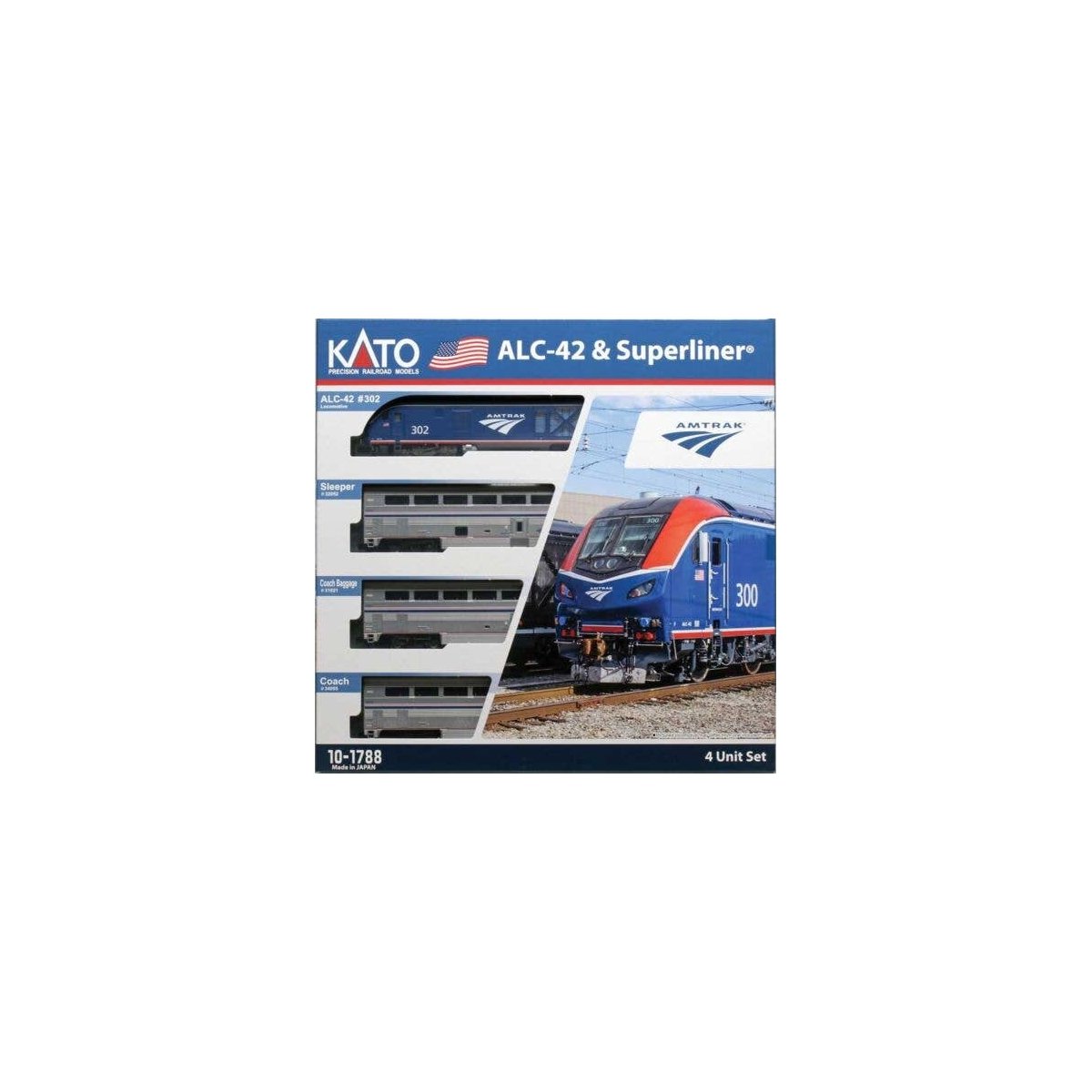 Siemens ALC-42 Charger & 3 Cars Train-Only Set - Standard DC -- Amtrak 302, Sleeper, Coach, Coach-B, N, Kato USA Inc 101788