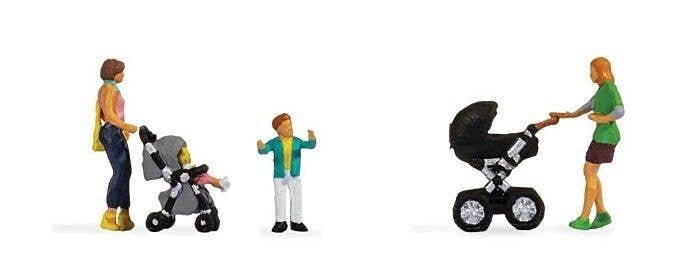 Mothers with Children -- 2 Moms, 2 Kids, 2 Strollers, HO, Walthers SceneMaster 6083