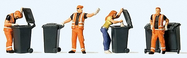 Garbage Collection -- 4 Figures & Carts, HO, Preiser Kg 10651