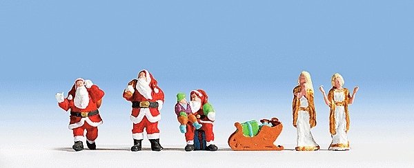 Christmas Figures -- 3 Santas, Child on Knee, 2 Helpers & Sleigh, HO, Noch Gmbh & Co 15920