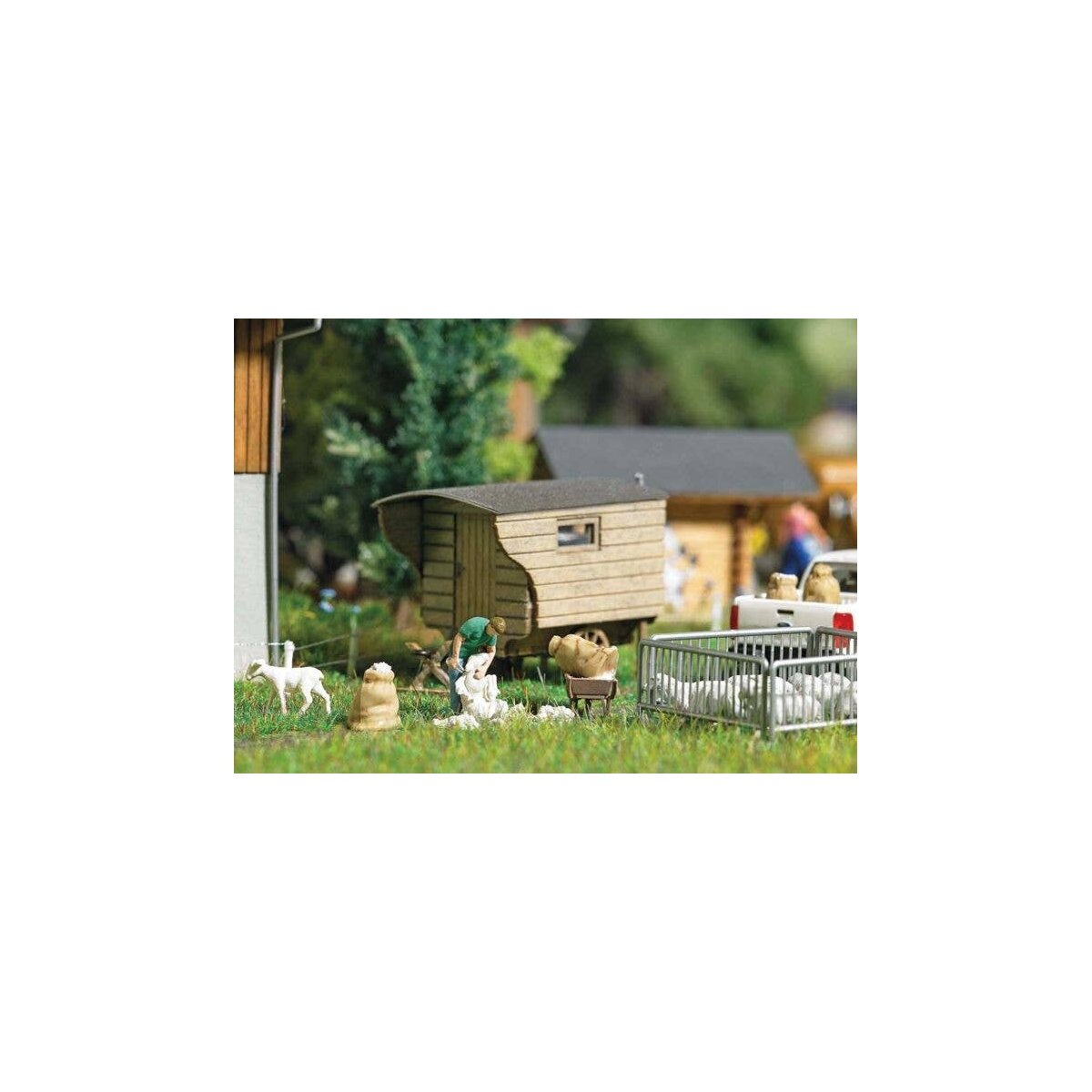 Sheep Shearing - Action Set -- Man Shearing Sheep, Sheared Sheep, Wheelbarrow, Sheep Pen, Wool, HO, Busch Gmbh & Co Kg 7933