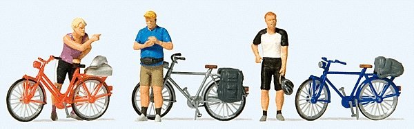 Standing Cyclists in Sportswear w/Bikes -- Set 2 pkg(3), HO, Preiser Kg 10644