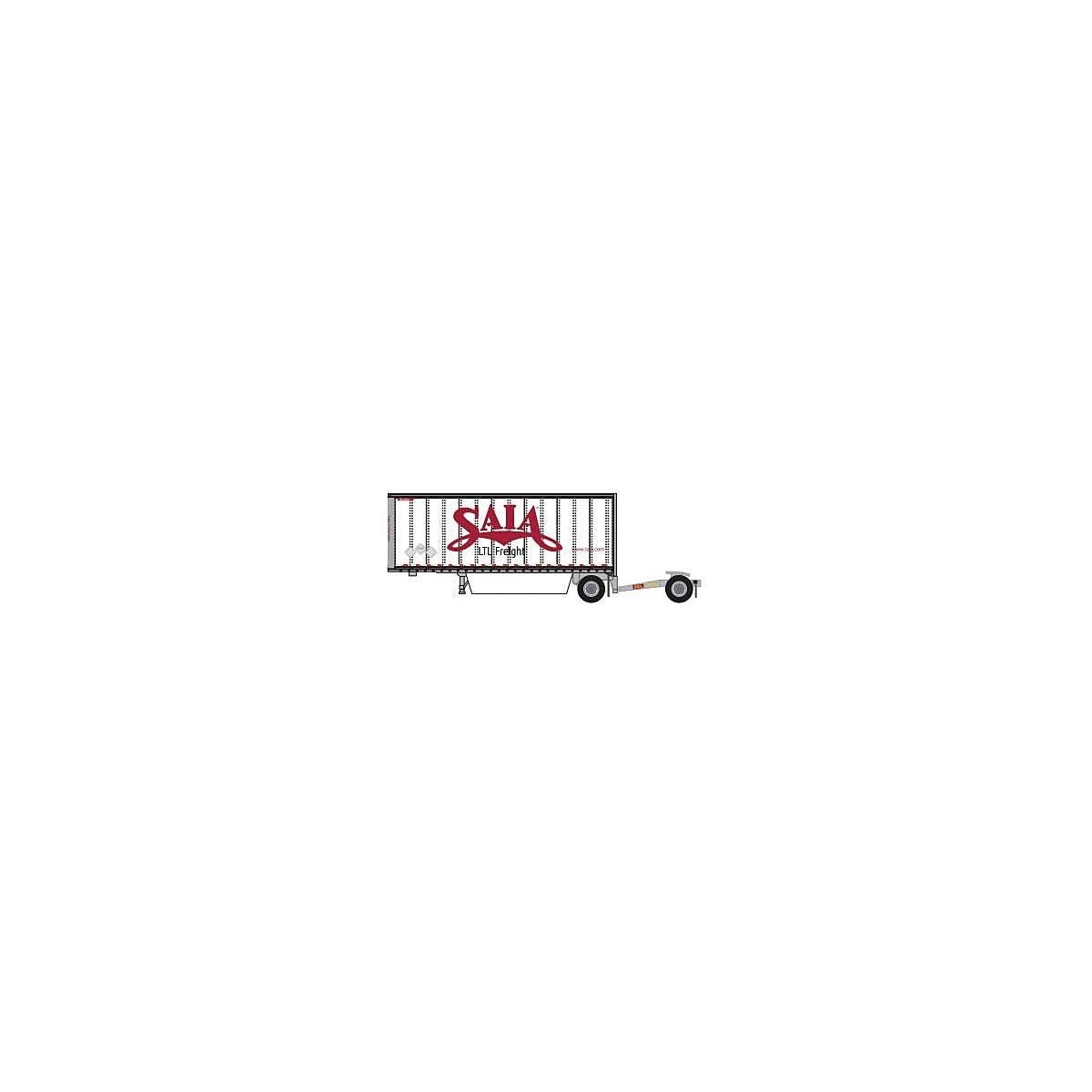 28` Pup Van Trailer with Converter Dolly - Assembled -- Saia 4 (white, red `LTL Freight` Slogan), N, Trainworx Inc 4289204