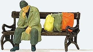 Individual Figures -- Homeless Man on a Bench with Bags, HO, Preiser Kg 29094