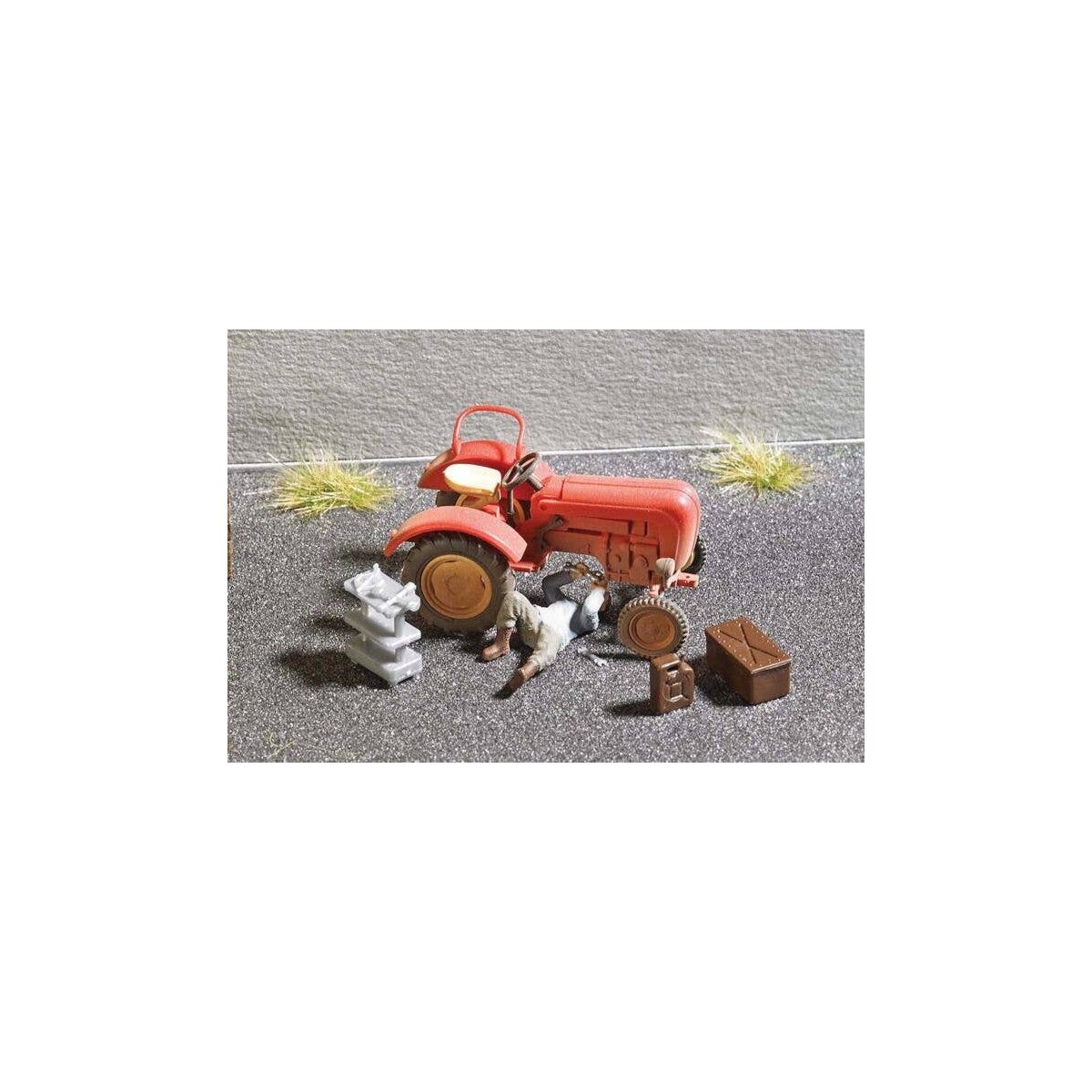 Tractor Repair - Action Set -- Tractor, Tool Cart, Toolbox, Container, HO, Busch Gmbh & Co Kg 7937