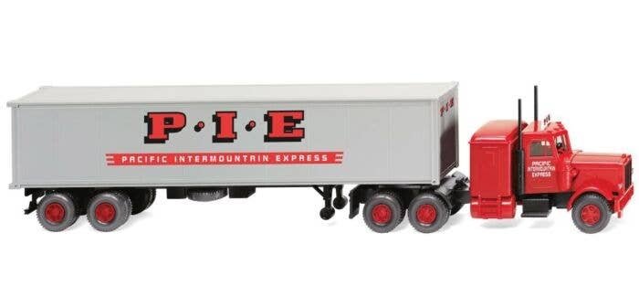 1977-1986 Peterbilt Sleeper-Cab Tractor with 40′ Container on Trailer - Assemb -- Pacific Intermountain Express (red, silver),