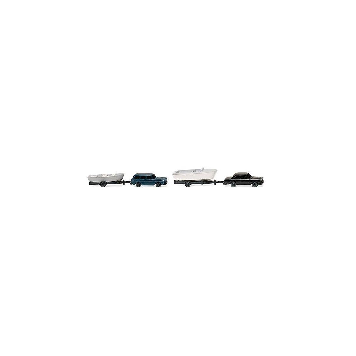 Mercedes-Benz 280, Volkswagen Variant, 2 Boats on Trailers Set - Assembled -- Black, Blue with White Boats, N, Wiking 92139