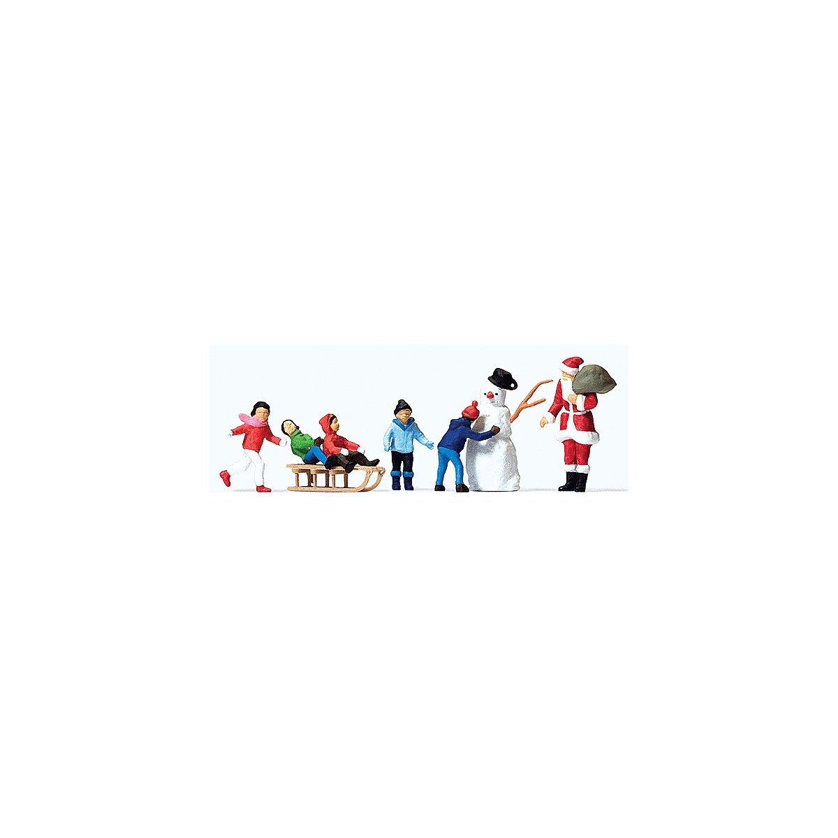 Christmas Figure Set in Merry Christmas Box -- Santa Claus, 5 Children, Snowman & Sled, HO, Preiser Kg 10626
