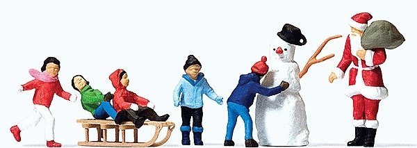 Christmas Figure Set in Merry Christmas Box -- Santa Claus, 5 Children, Snowman & Sled, HO, Preiser Kg 10626