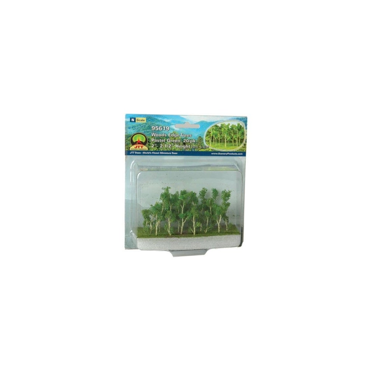 Woods Edge Trees pkg(20) -- Pastel Green - 2 to 2-1/2′ 5.1 to 6.4cm, All Scales, JTT Miniature Tree 95619