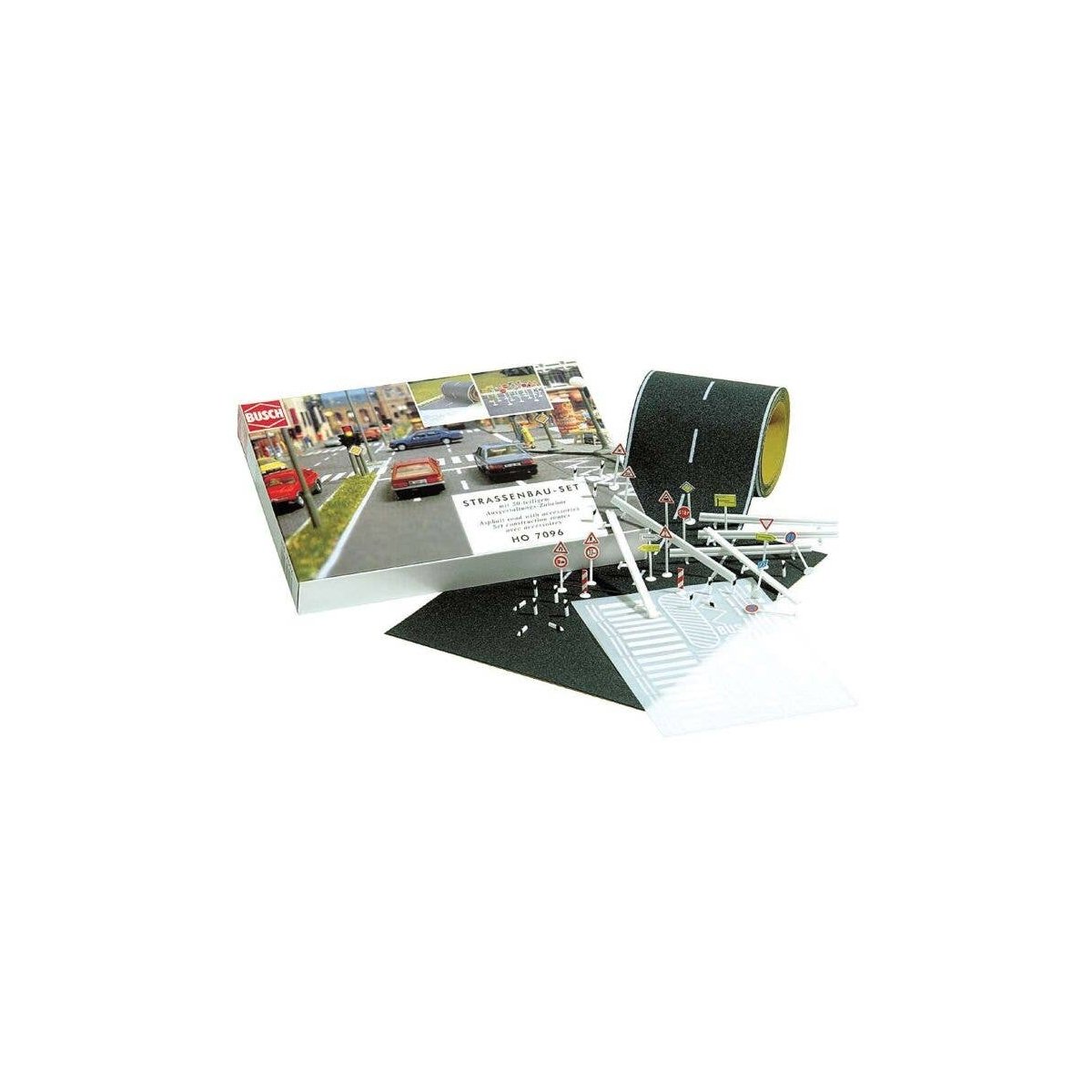 Road Construction Set -- 78-3/4′ 2m of Paved Road, Paved Area Mat & 50 European Signs, HO, Busch Gmbh & Co Kg 7096