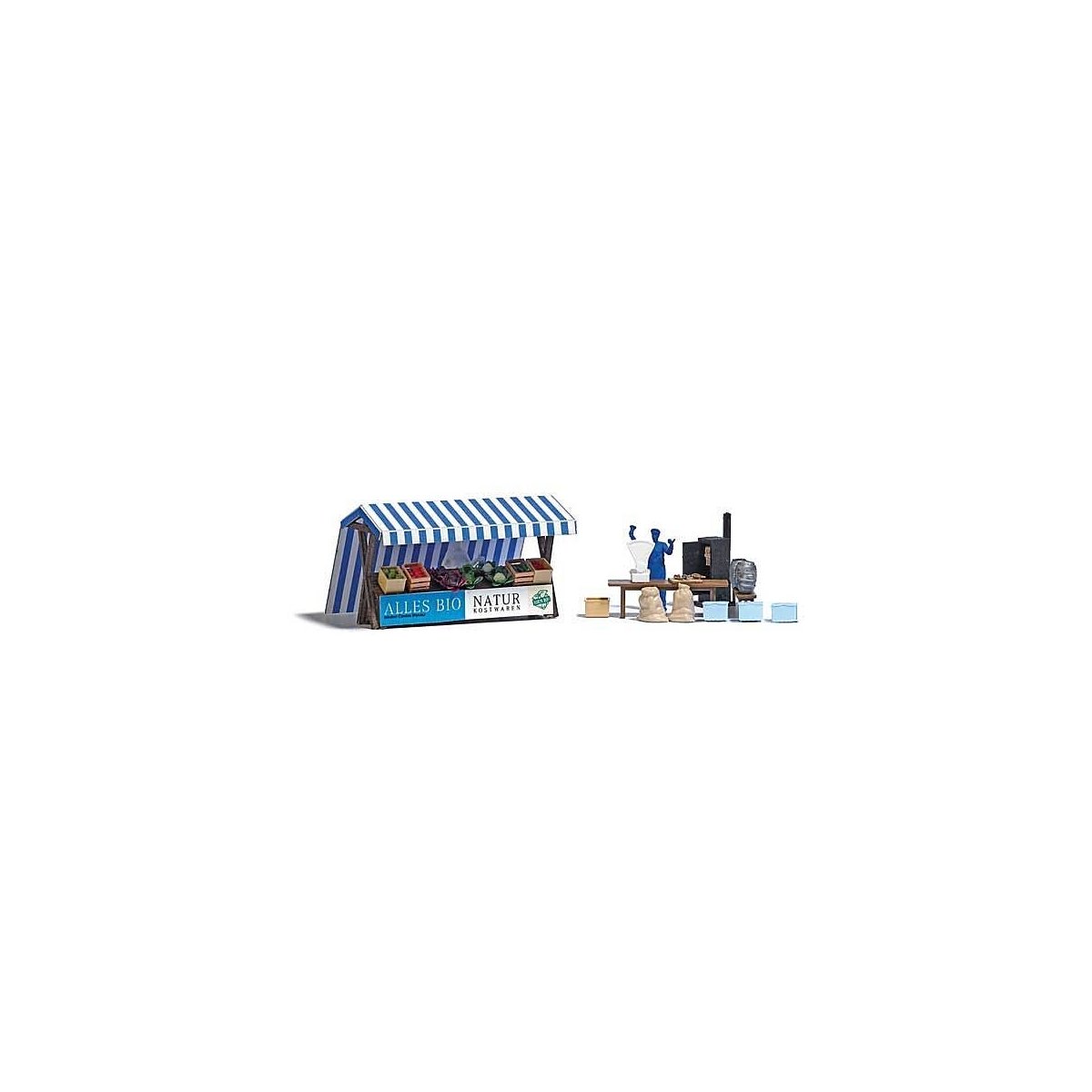 Two Outdoor Market Stalls - Laser-Cut Kit -- Organic Veg & Smoked Fish (German Signs), 2 Unpai, HO, Busch Gmbh & Co Kg 1823