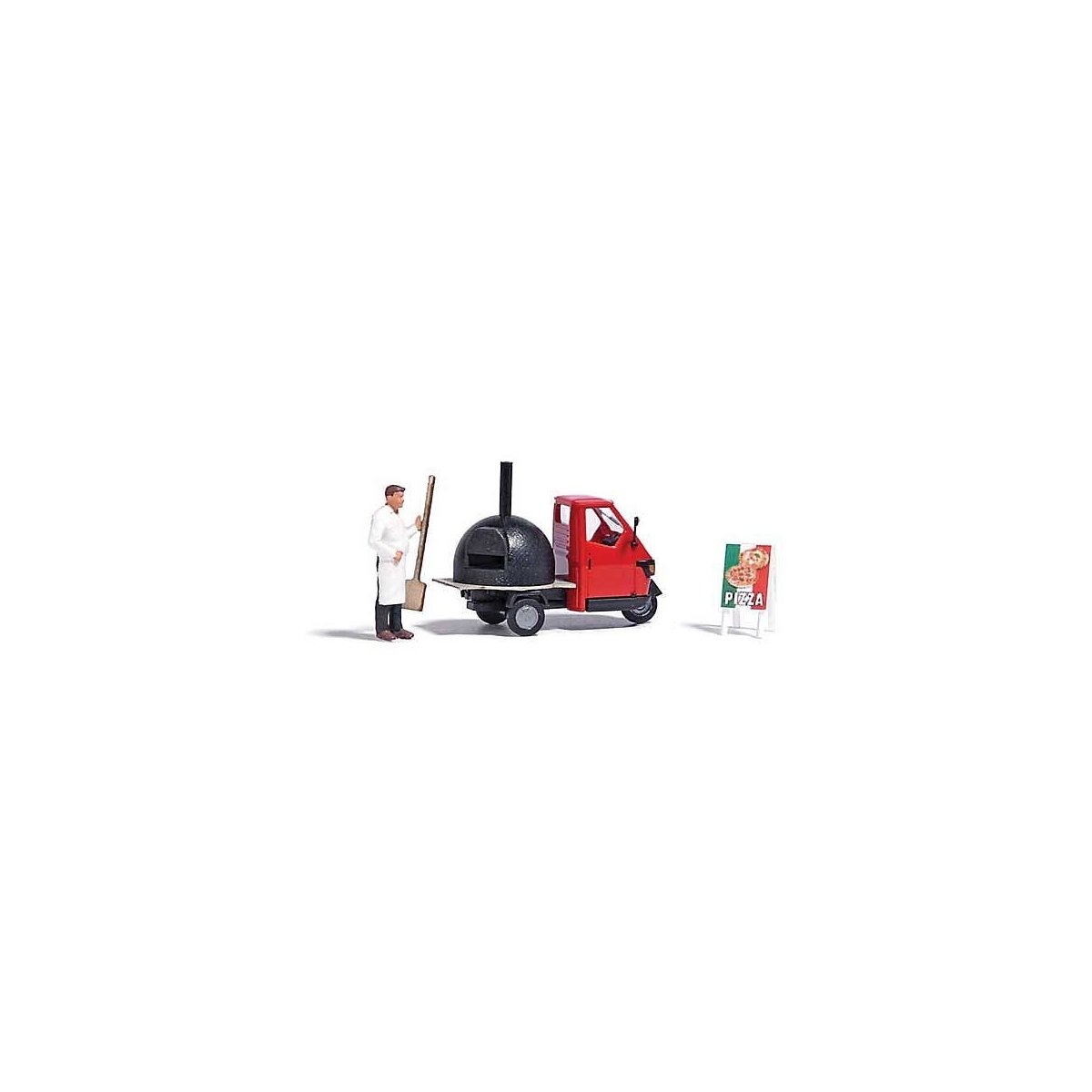 Piaggio Ape with Pizza Oven, Figure, Pizza Peel, Sign - Action Set, HO, Busch Gmbh & Co Kg 7992