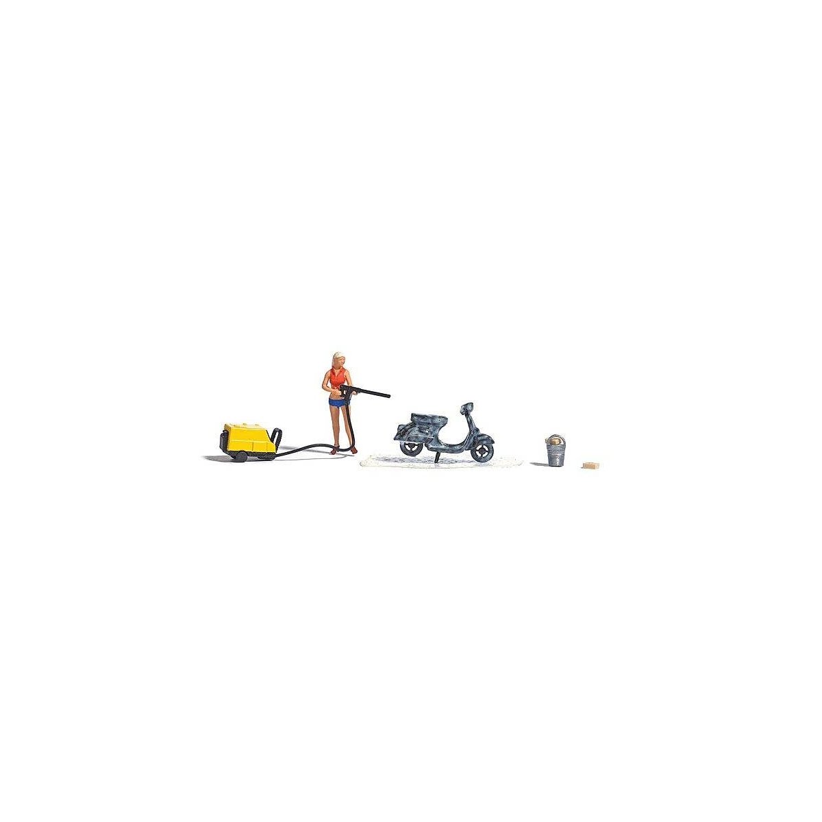 Complete Miniature Scene -- Scooter Wash with Pressure Washer, Bucket and Woman Figure, HO, Busch Gmbh & Co Kg 7833