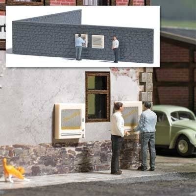 Cigarette Vending Machine Scene - Action Set -- 2 Wall-Mount Machines, 24cm of Stone Wall, 2 F, HO, Busch Gmbh & Co Kg 7919