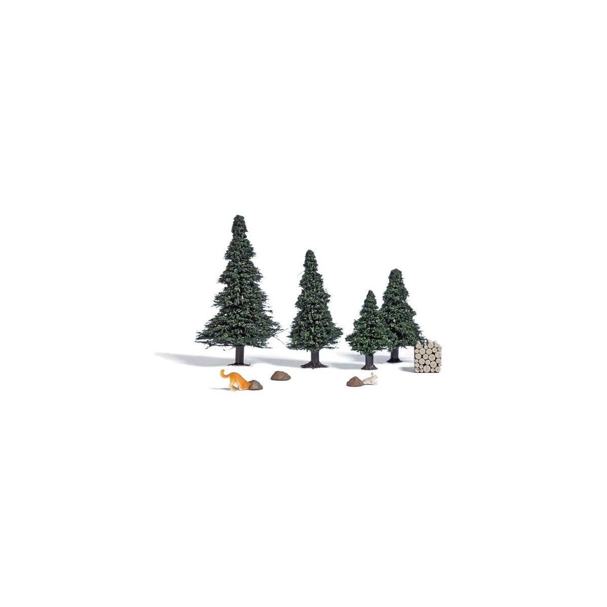 Dog Hunting a Rabbit - Action Set -- 1 Dog, 3 Hutches, Rabbit, Wood Pile, 4 Small Pine Trees, HO, Busch Gmbh & Co Kg 7987