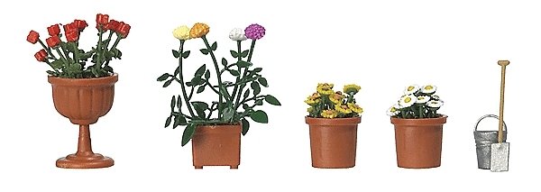 Planted Flowerpots & Pail w/Shovel -- Kit, HO, Busch Gmbh & Co Kg 1230