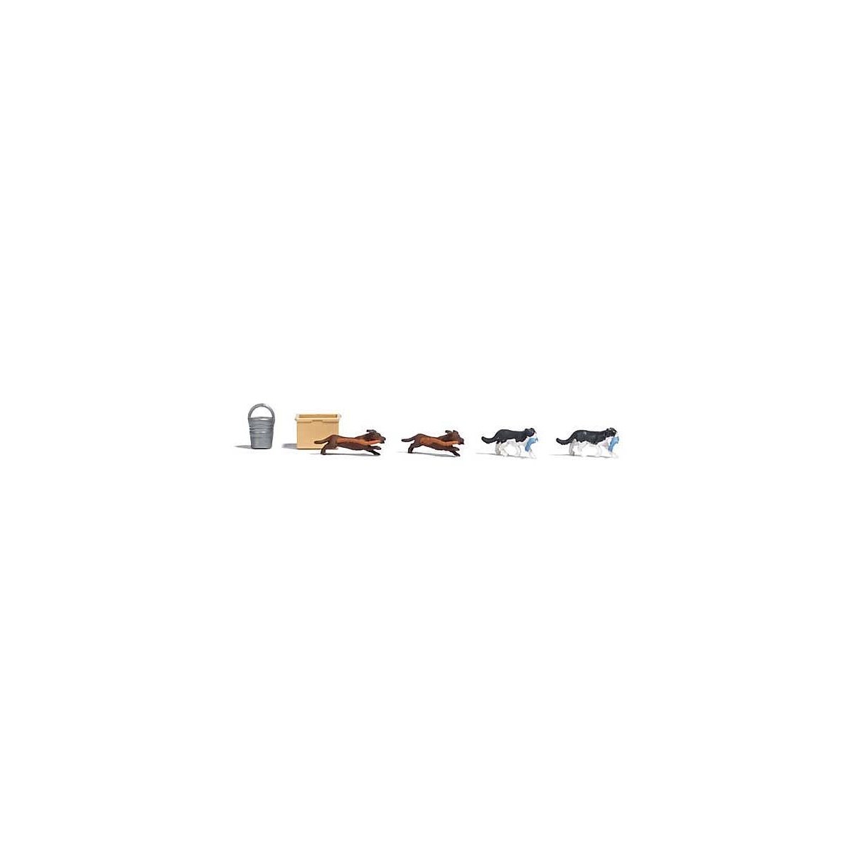 Little Thieves - Action Set -- 2 Cats w/Fish, 2 Dogs w/Sausage, Bucket, Bin, HO, Busch Gmbh & Co Kg 7993