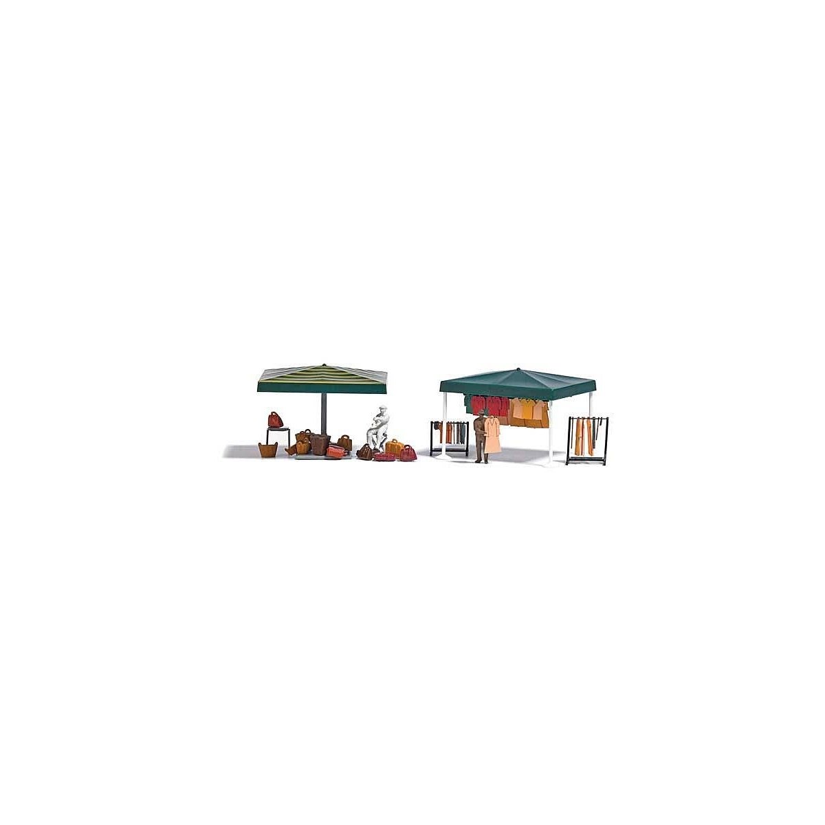 2 Outdoor Market Stalls Complete Miniature Scene -- 2 Figures, Clothes, Chair, 2 Canopies, Clo, HO, Busch Gmbh & Co Kg 1825