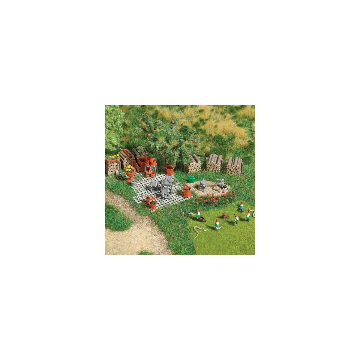 Garden Details Set -- Unpainted, 5 Gnomes, 6 Water Cans, 6 Woodpiles, 16 Pavers, Small Animals, HO, Busch Gmbh & Co Kg 1835