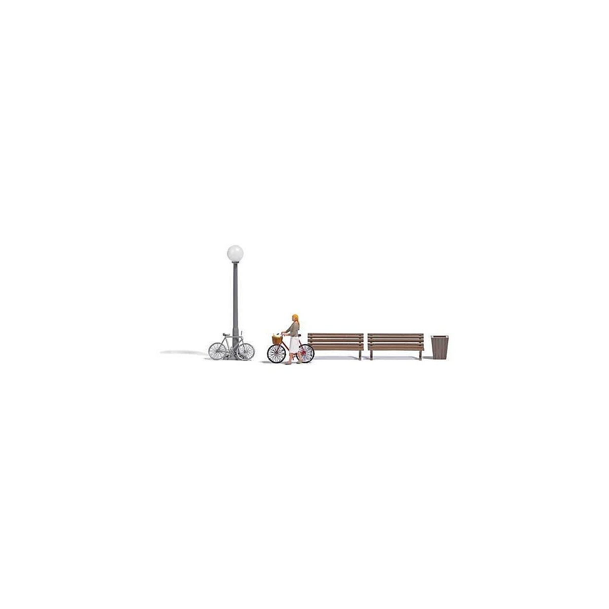 Shopping for Veggies - Action Set -- 2 Benches, Garbage Can, Figure, 2 Bicycles, Nonworking Pa, HO, Busch Gmbh & Co Kg 7997