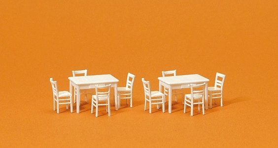 Table & Chairs -- 2 Tables & 8 Chairs (white), HO, Preiser Kg 17217