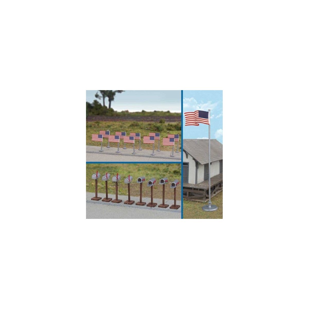 Flags (11) and Mailboxes (8) -- American Flags (48 Stars, 1912-1959), HO, Walthers SceneMaster 4171