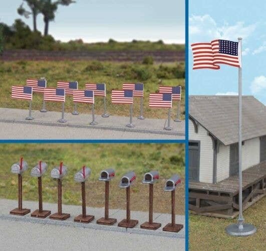 Flags (11) and Mailboxes (8) -- American Flags (48 Stars, 1912-1959), HO, Walthers SceneMaster 4171