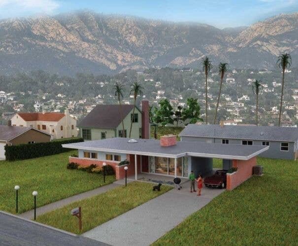 Mid-Century Modern Home -- Kit - 9-7/16 x 5-5/32 x 1-15/16′ 23.9 x 13 x 4.9cm, HO, Walthers Cornerstone 4156