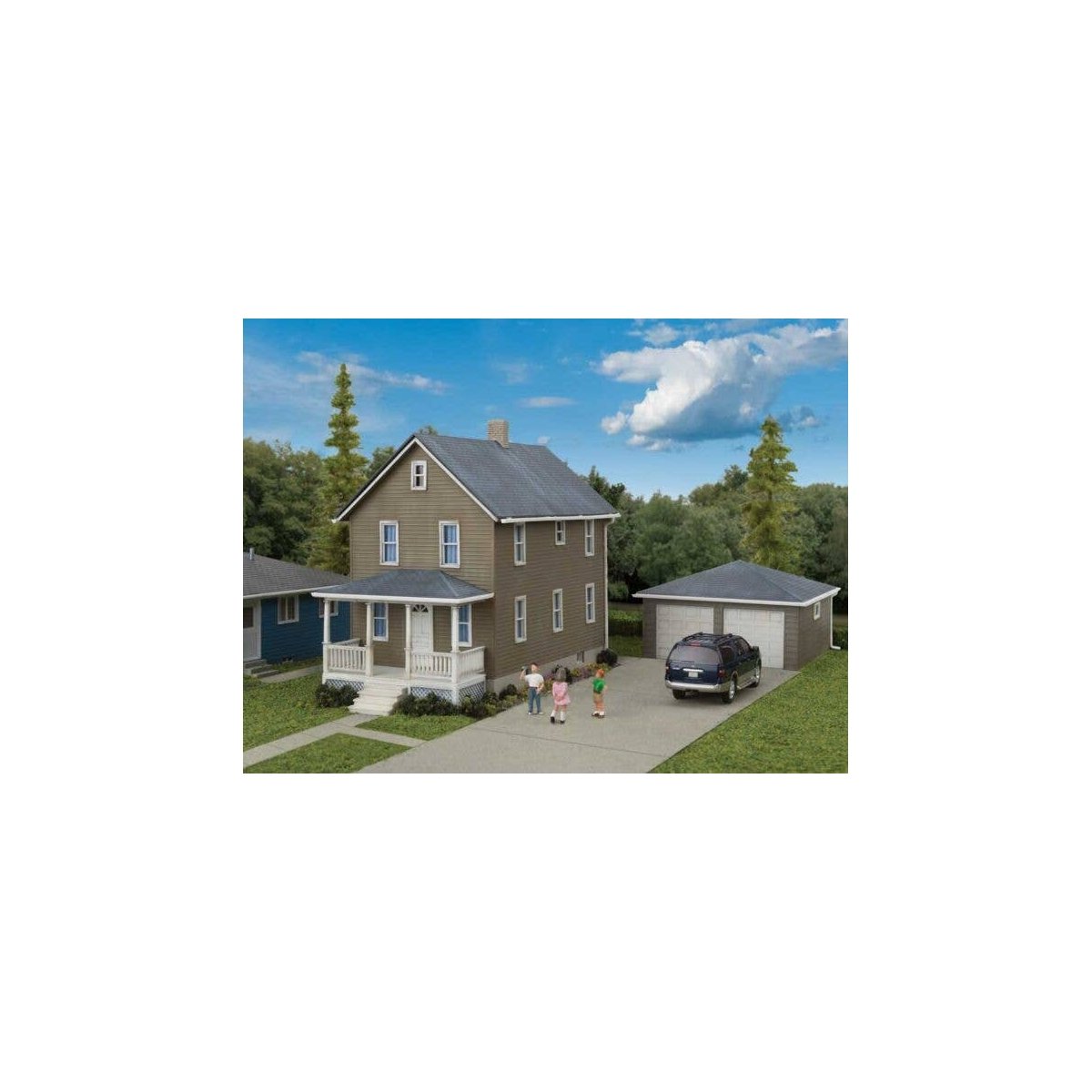 Two-Story House with Garage -- Kit - 5 x 2-1/2 x 4-1/16 12.7 x 6.3 x 10.3cm, HO, Walthers Cornerstone 3792