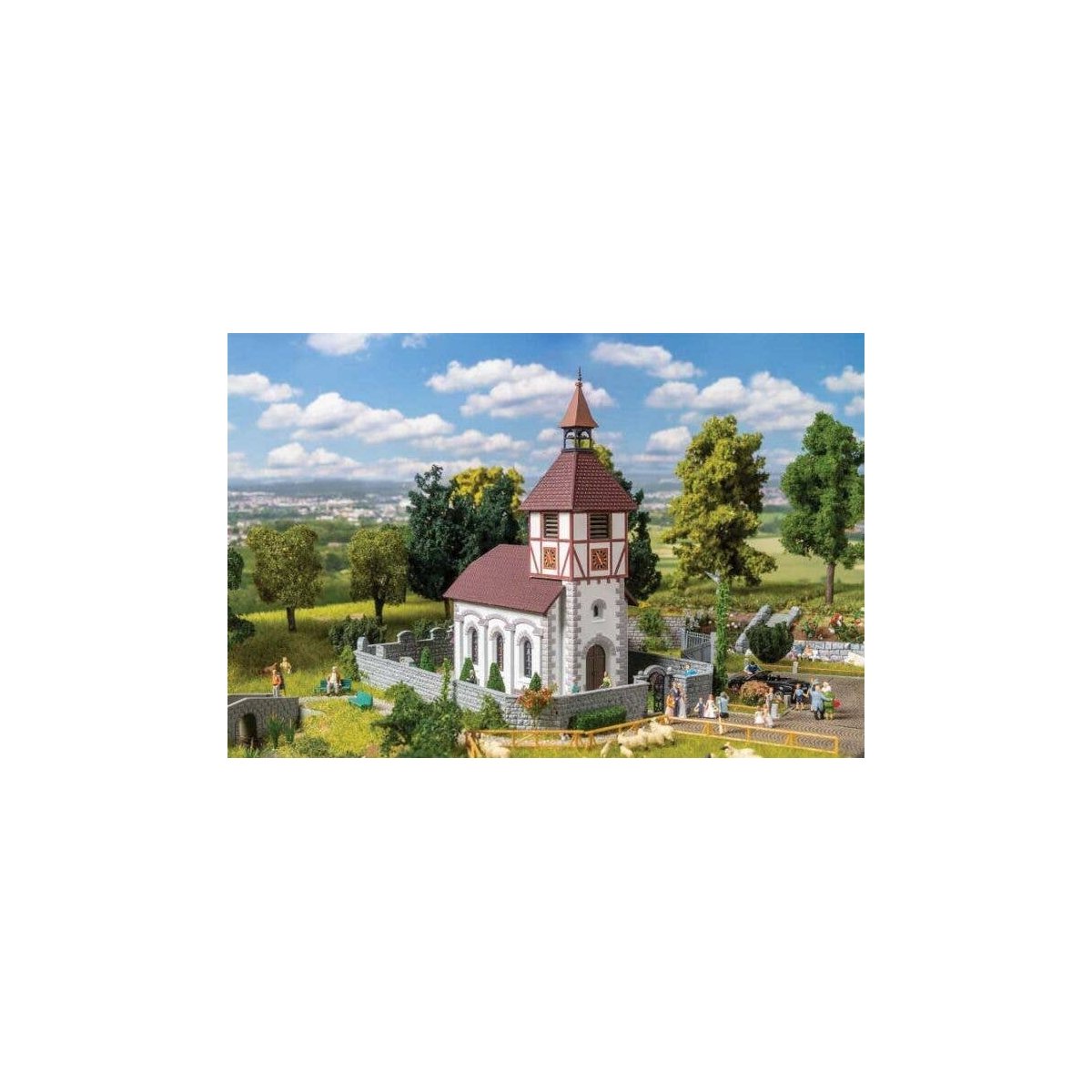 Village Church with Churchyard -- Kit - 9-1/16 x 6-5/16 x 7-7/8′ 23 x 16 x 20cm, HO, Faller Gmbh 130679