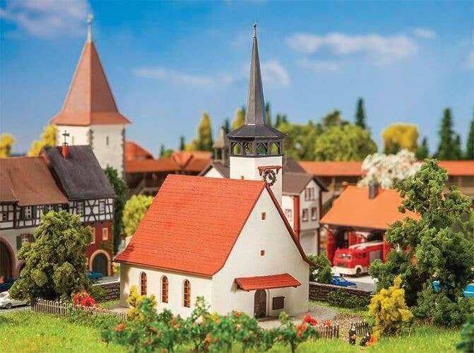 Church w/Pointed Roof -- Kit - 5 x 4-1/2 x 6-11/16′ 12.8 x 11.5 x 17cm, N, Faller Gmbh 232314