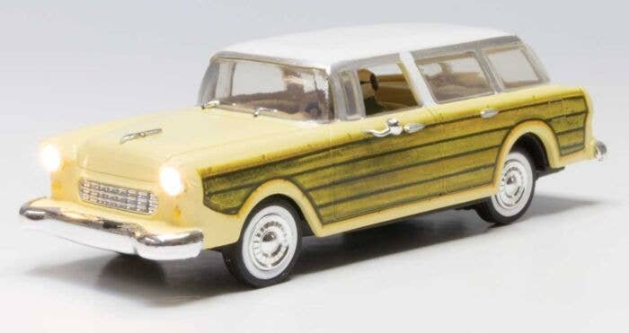 Station Wagon - Just Plug(R) Lighted Vehicle -- Yellow with Wood Sides, O, Woodland Scenics 5979