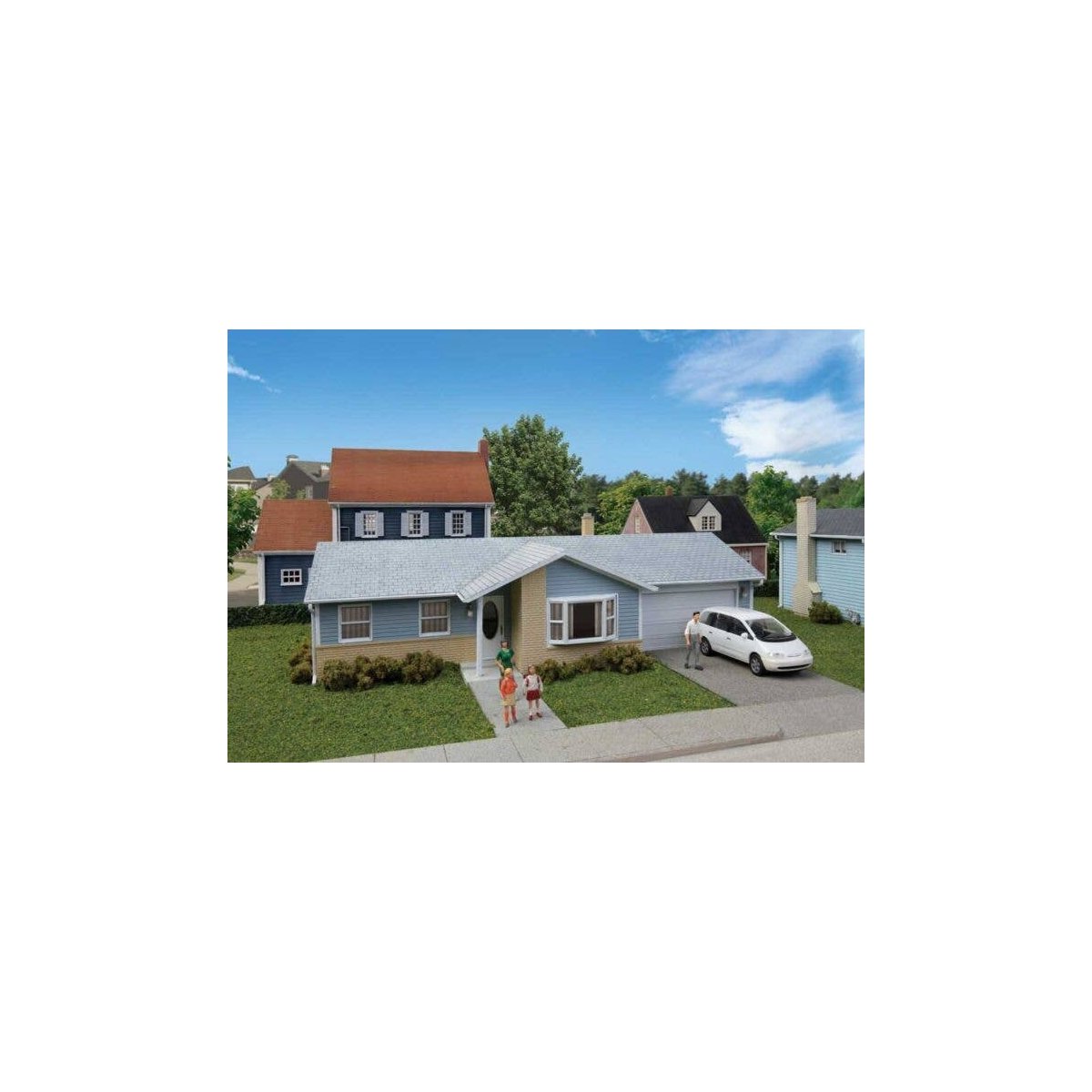 Ranch House with Attached 2-Car Garage -- Kit - 7-3/4 x 4-3/16 x 2-3/8′ 19.6 x 10.6 x 6cm, HO, Walthers Cornerstone 4155