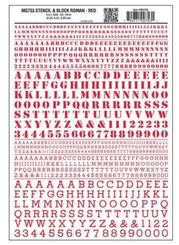 Dry Transfer Alphabet & Numbers - Stencil/Block Roman -- Red, ALL, Woodland Scenics 753