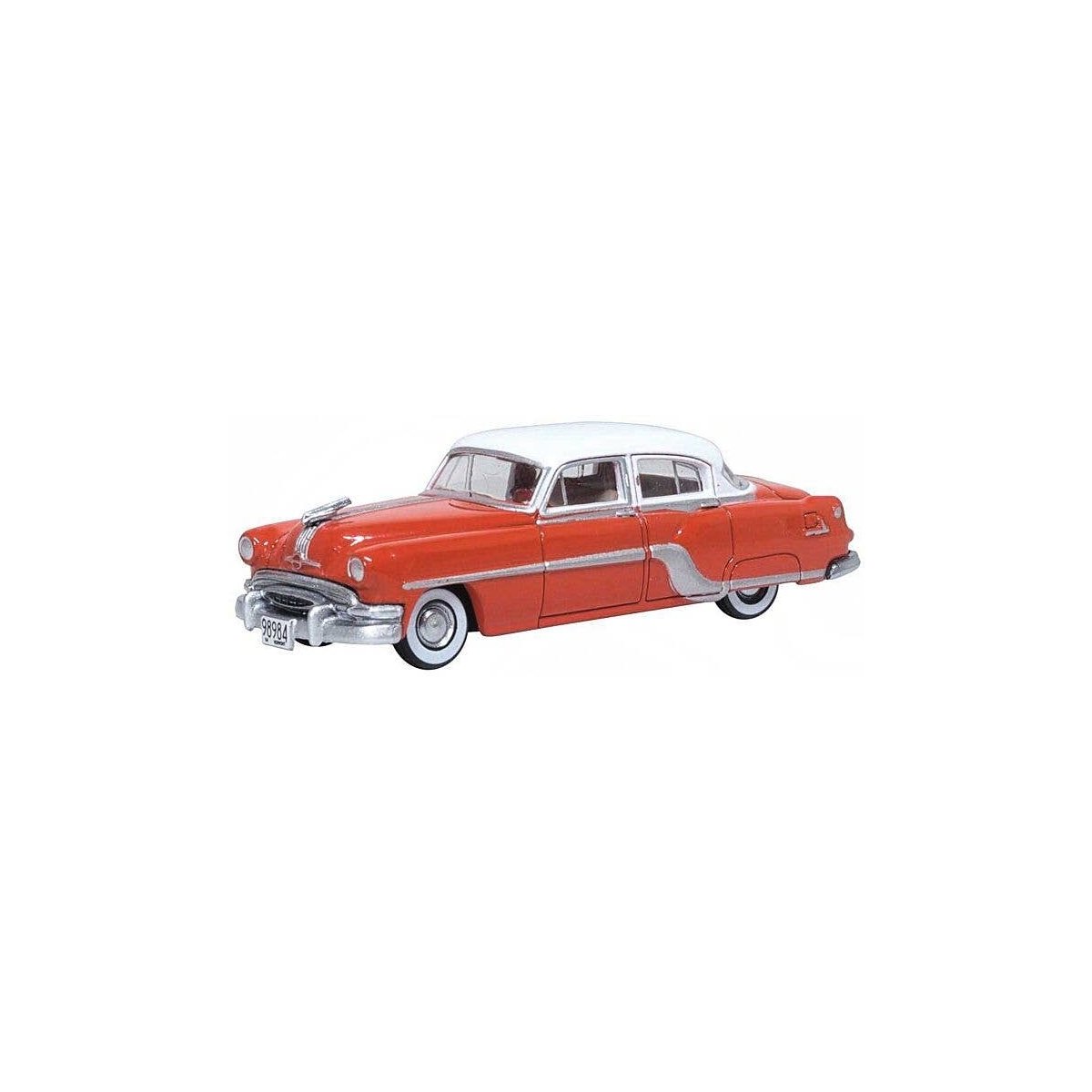 1954 Pontiac Chieftain 4-Door Sedan - Assembled -- Coral Red, Winter White, HO, Oxford Diecast 87PC54004