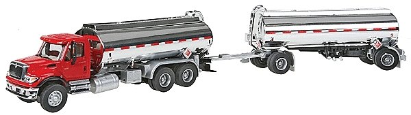 International(R) 7600 Tank Truck with Trailer- Assembled -- Red Cab, Chrome Tanks, HO, Walthers SceneMaster 11670