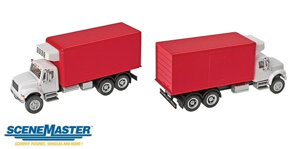 International(R) 4900 Dual-Axle Refrigerated Van - Assembled -- White Cab, Red Body, HO, Walthers SceneMaster 11391